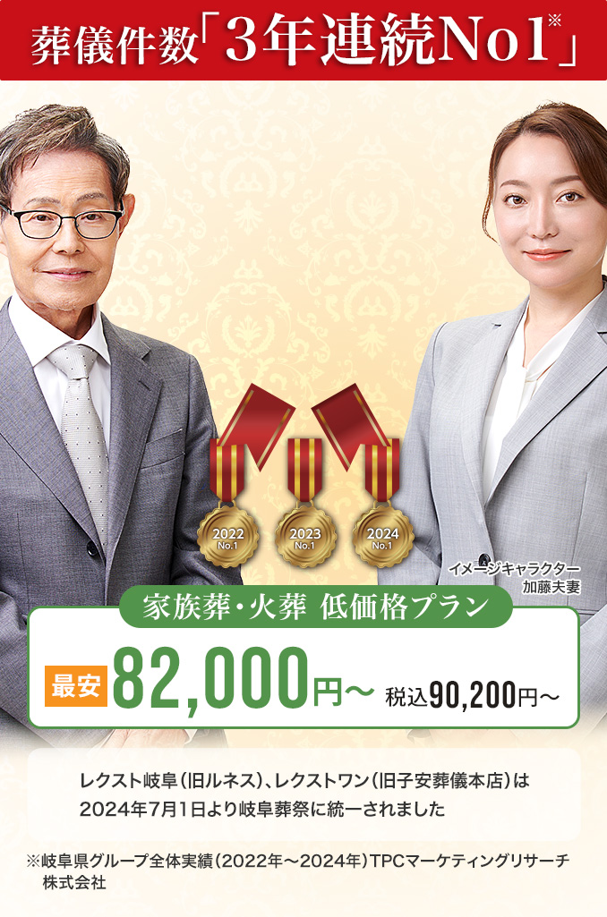 葬儀件数「3年連続No1」※岐阜県グループ全体実績（2022～2024年）TPCマーケティングリサーチ　家族葬・火葬 低価格プラン最安82,000円～（税込90,200円） レクスト岐阜（旧ルネス）、レクストワン（旧子安葬儀本店）は2024年7月1日より岐阜葬祭に統一されました