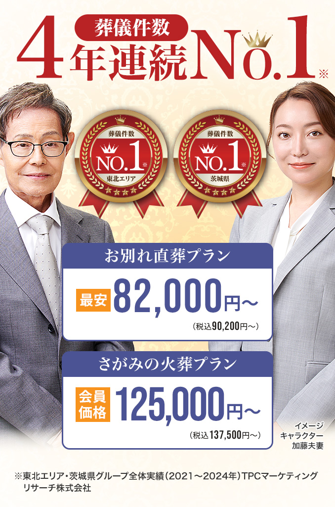 葬儀件数「4年連続No1」※東北エリア・茨城県グループ全体実績（2021～2024年）TPCマーケティングリサーチ　家族葬・火葬 低価格プラン最安82,000円～（税込90,200円）　さがみ安心プラン会員価格125,500円～（税込127,500円）