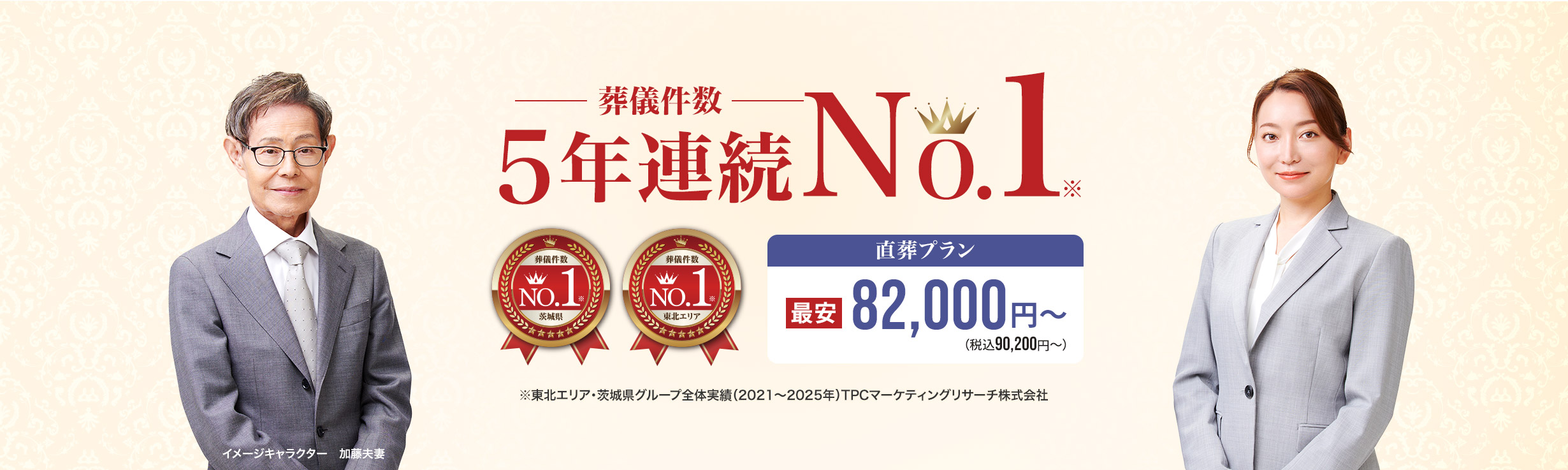 葬儀件数「4年連続No1」※東北エリア・茨城県グループ全体実績（2021～2024年）TPCマーケティングリサーチ　直葬・火葬 低価格プラン最安82,000円～（税込90,200円）　さがみ安心プラン会員価格125,500円～（税込127,500円）
