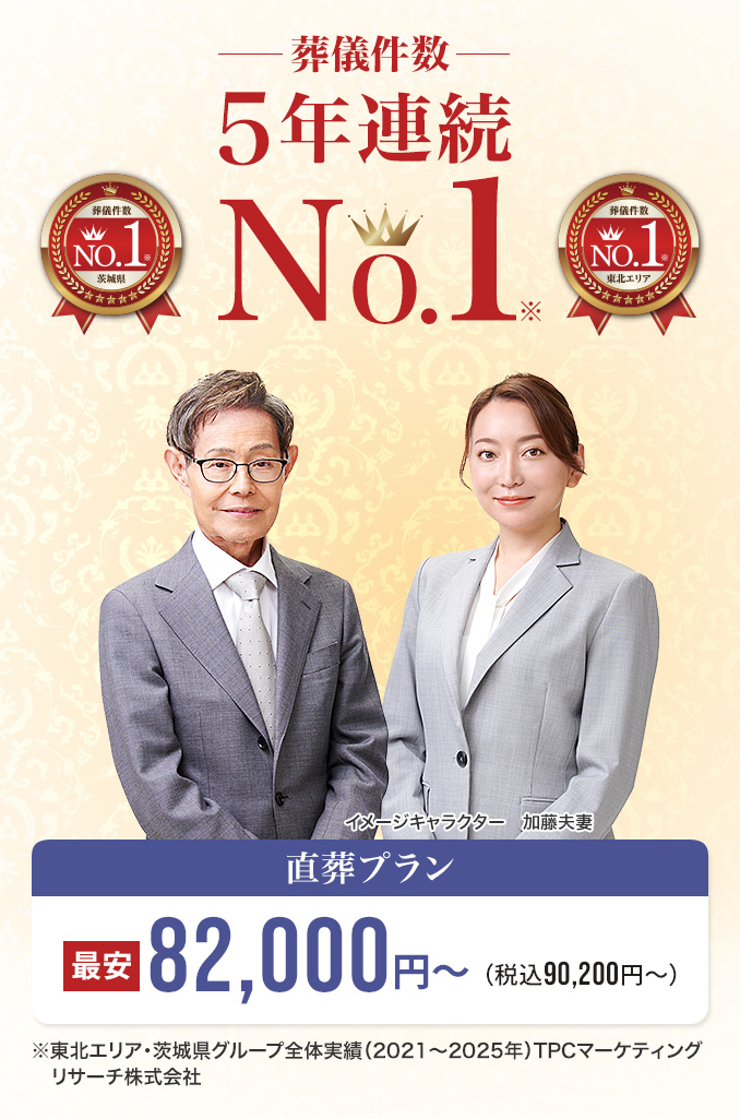 葬儀件数「4年連続No1」※東北エリア・茨城県グループ全体実績（2021～2024年）TPCマーケティングリサーチ　直葬・火葬 低価格プラン最安82,000円～（税込90,200円）　さがみ安心プラン会員価格125,500円～（税込127,500円）