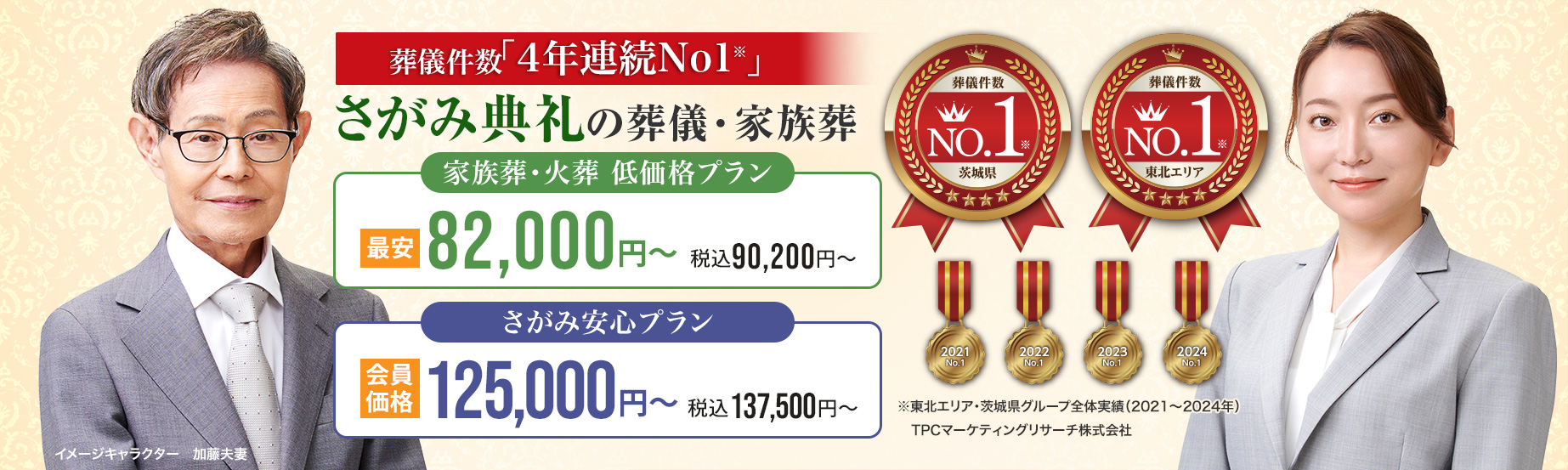 葬儀件数「4年連続No1」※東北エリア・茨城県グループ全体実績（2021～2024年）TPCマーケティングリサーチ　さがみ典礼の葬儀・家族葬　家族葬・火葬 低価格プラン最安82,000円～（税込90,200円）　さがみ安心プラン会員価格125,500円～（税込127,500円）