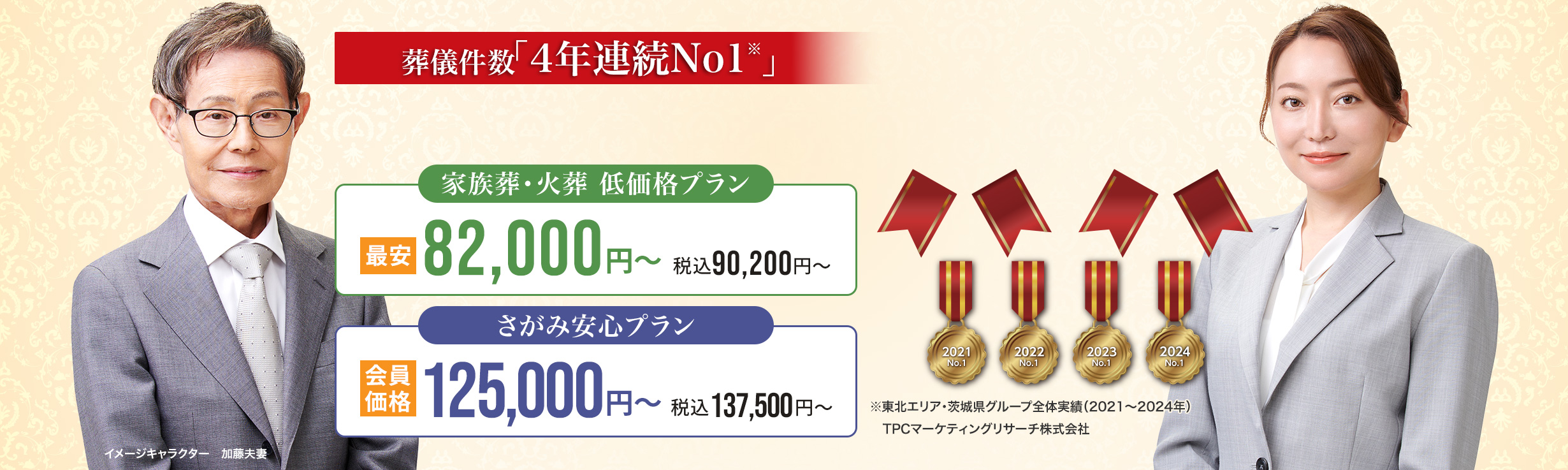 葬儀件数「4年連続No1」※東北エリア・茨城県グループ全体実績（2021～2024年）TPCマーケティングリサーチ　家族葬・火葬 低価格プラン最安82,000円～（税込90,200円）　さがみ安心プラン会員価格125,500円～（税込127,500円）
