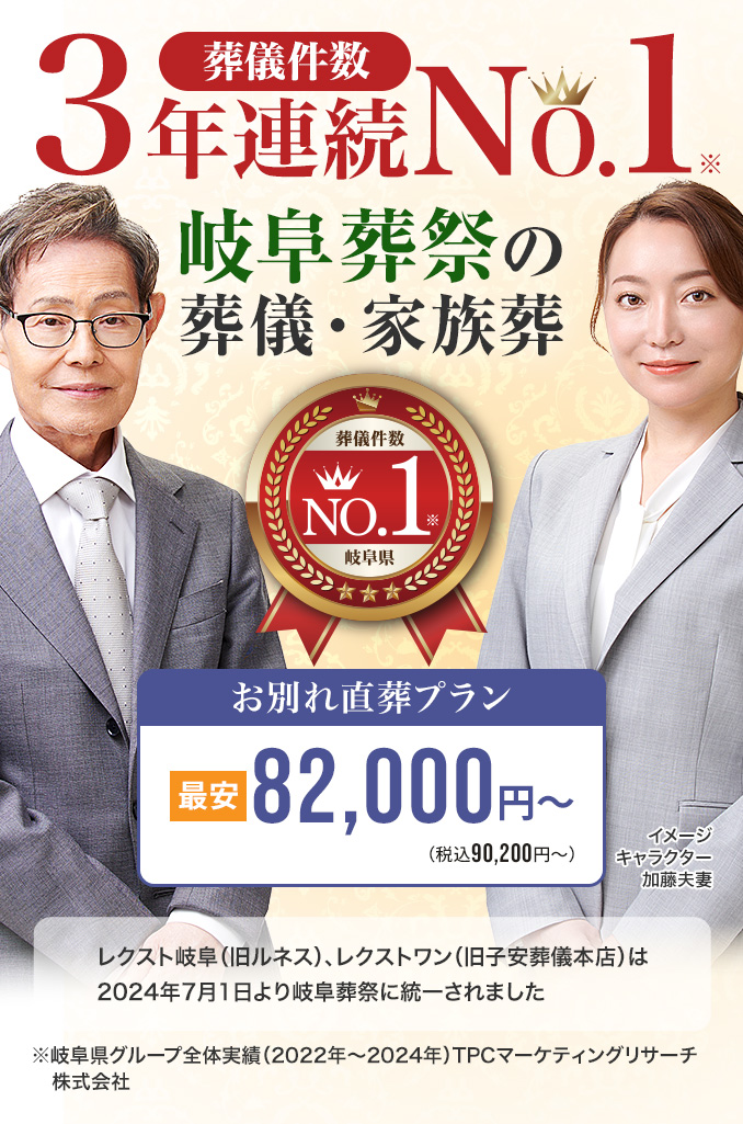葬儀件数「3年連続No1」岐阜葬祭の葬儀と家族葬 ※岐阜県グループ全体実績（2022～2024年）TPCマーケティングリサーチ　家族葬・火葬 低価格プラン最安82,000円～（税込90,200円） レクスト岐阜（旧ルネス）、レクストワン（旧子安葬儀本店）は2024年7月1日より岐阜葬祭に統一されました
